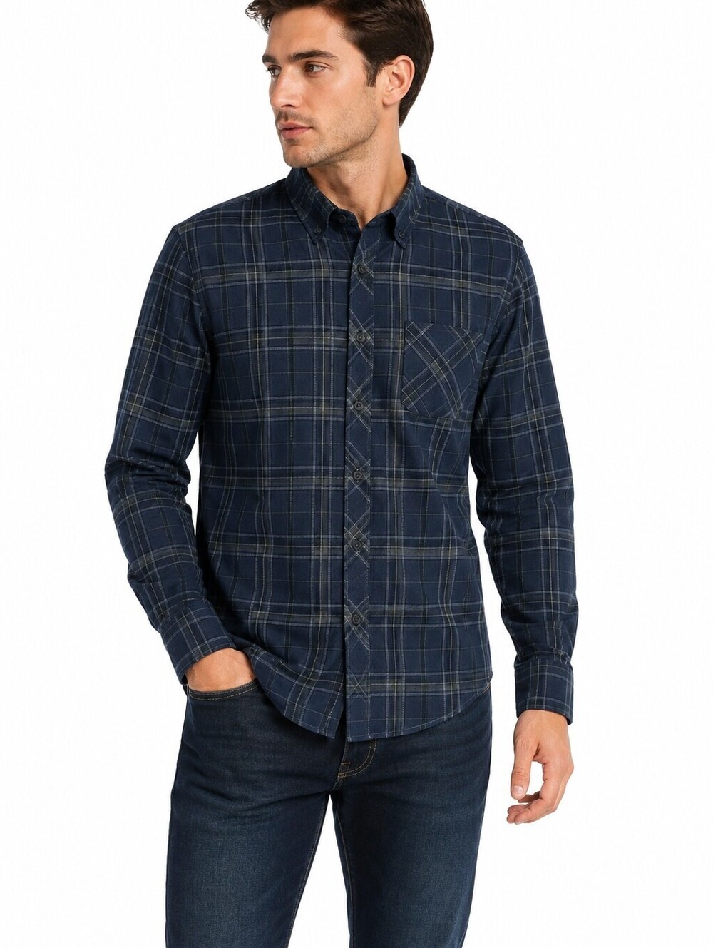 Rue Saint Patrick Men's Navy Plaid Button-Up Long Sleeve Cotton Blend Shirt- M